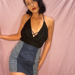 High waisted denim color-block mini skirt. Gonna have a hard time letting go!!!